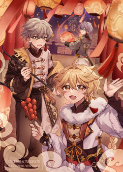 Rule 34 | 3boys, absurdres, aerial fireworks, aether (genshin impact), ahoge, alternate costume, artist name, balcony, bangboo (zenless zone zero), bead bracelet, beads, belt, black belt, black pants, blonde hair, blurry, blurry background, blush, bracelet, braid, brown eyes, brown jacket, brown shirt, buttons, caelus (chinese new year 2024) (honkai: star rail), caelus (honkai: star rail), character print, chinese clothes, chinese new year, closed mouth, cloud, cloud print, commentary, company connection, cowboy shot, crossover, earrings, english commentary, evening, fireworks, floor, flower knot, from behind, fur collar, genshin impact, gold trim, gradient sky, green eyes, grey hair, grey jacket, hair between eyes, hands up, highres, holding, holding lantern, holding skewer, honkai: star rail, honkai (series), indoors, jacket, jewelry, kyoukouo, lantern, lantern festival, lapels, long hair, long sleeves, looking at viewer, looking back, low-braided long hair, low-tied long hair, male focus, mandarin collar, mihoyo, multiple boys, official alternate costume, open clothes, open jacket, open mouth, orange ribbon, pants, paper lantern, pink sky, pom-pom (honkai: star rail), pom pom (clothes), puffy long sleeves, puffy sleeves, purple sky, railing, red belt, ribbon, shirt, short hair, single braid, single earring, skewer, sky, sky lantern, smile, standing, tangzhuang, tassel, tassel earrings, tongue, trailblazer (honkai: star rail), vest, watermark, white jacket, white pants, white shirt, wide sleeves, wise (soaring crane) (zenless zone zero), wise (zenless zone zero), yellow eyes, yellow vest, zenless zone zero