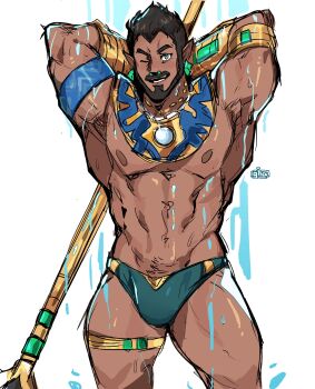 1boy absurdres armpits arms_behind_head bara beard black_hair connected_beard dark-skinned_male dark_skin earrings facial_hair graysheartart green_male_swimwear highres holding_polearm holding_weapon jewelry male_swimwear marvel marvel_rivals muscular muscular_male mustache namor nipples one_eye_closed pointy_ears polearm simple_background swim_briefs trident weapon wet white_background