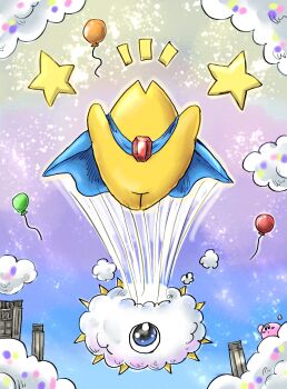 Rule 34 | balloon, blue cape, blush stickers, cape, cloud, colored skin, highres, jumping, kicdon, kirby, kirby (series), kracko, motion lines, nintendo, no humans, notice lines, one-eyed, pillar, spikes, star (sky), star (symbol), starman (kirby), yellow skin
