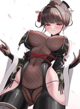 1girl absurdres areola_slip black_unitard blunt_bangs blush bodystocking breast_curtains breasts cleavage clothing_cutout covered_erect_nipples covered_navel cowboy_shot fins_(pixiv29142276) fishnet_leotard fishnet_top fishnets goddess_of_victory:_nikke hair_intakes hair_ornament hair_stick hairpin highres hip_vent holster large_breasts leotard long_hair looking_at_viewer navel nipple_slip nipples official_alternate_costume panties parted_lips red_eyes sakura_(midnight_stealth)_(nikke) sakura_(nikke) see-through_cleavage see-through_clothes side-tie_panties sidelocks simple_background smile solo standing string_panties thigh_holster thighs underwear unitard white_background