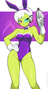 1girl animal_ear_hairband animal_ears artist_name bow bowtie breasts cheelai colored_skin commentary covered_navel dragon_ball dragon_ball_super dragon_ball_super_broly fake_animal_ears gloves green-tinted_eyewear green_skin gun hairband holding holding_gun holding_weapon leotard looking_at_viewer pink_eyes pixie_cut playboy_bunny purple_bow purple_bowtie purple_leotard qewie rabbit_ear_hairband rabbit_ears scouter short_hair smile solo strapless strapless_leotard tinted_eyewear traditional_bowtie weapon white_gloves white_hair