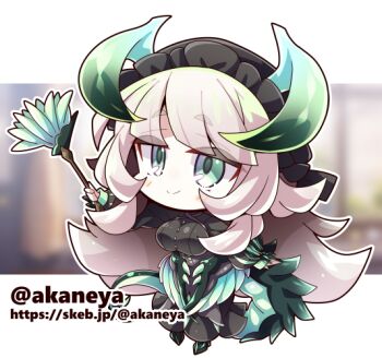 1girl akaneya black_dress black_hat black_wings blurry blurry_background border chamber_dragonmaid chibi commission dragon_horns dragon_tail dragon_wings dress duel_monster duster full_body green_eyes grey_hair hat holding holding_duster horns low_wings maid mob_cap skeb_commission solo tail twitter_username white_border wings yu-gi-oh!