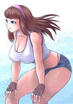 blue_eyes breasts brown_gloves brown_hair cleavage dead_or_alive dead_or_alive_5 fingerless_gloves gloves hairband hands_on_own_knees highres hitomi_(doa) hunched_over kinugosiko large_breasts long_hair midriff pink_hairband short_shorts shorts sidelocks tank_top white_tank_top