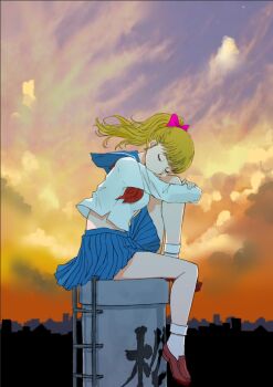 1girl blonde_hair blue_sailor_collar blue_skirt bow brown_shoes closed_eyes cloud commentary_request floating_hair foot_dangle from_side full_body hair_bow head_rest hugging_own_leg kiriga_mako kiyo_(joe) knee_up ladder leaning_forward loafers location_request medium_hair midriff neckerchief outdoors pink_bow pleated_skirt red_neckerchief sailor_collar sasuga_no_sarutobi shirt shoes skirt sky skyline socks solo sunset white_shirt white_socks