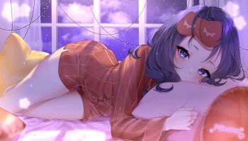 Rule 34 | 1girl, artist name, blue eyes, blue hair, closed mouth, commentary, dark blue hair, english commentary, fingernails, highres, looking at viewer, messy hair, minekoart, miside, mita (miside), on bed, pajamas, pillow, pink pillow, red pajamas, red shirt, red shorts, shirt, shorts, sleep mask, sleepy mita (miside), star-shaped pillow, striped clothes, striped pajamas, striped shirt, striped shorts, vertical-striped clothes, vertical-striped pajamas, vertical-striped shirt, vertical-striped shorts, window
