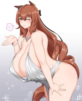 1girl absurdres alternate_breast_size_(larger) alternate_costume animal_ears armpit_crease ass bare_arms bare_hips bare_legs bare_shoulders blowing_kiss blue_eyes bracelet breasts brown_hair dress evening_gown flirting gradient_background hair_between_eyes highleg highleg_dress highres horse_ears horse_girl horse_tail huge_ass huge_breasts jewelry long_bangs long_hair maruzensky_(umamusume) necklace pasuhai pelvic_curtain shiny_skin solo tail thick_thighs thighs umamusume very_long_hair