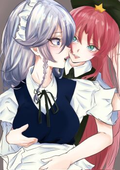 2girls 39_miku3939 aegyo_sal black_ribbon blue_eyes blue_vest braid grabbing_another&#039;s_breast green_eyes green_hat grey_hair groping hair_ribbon hat hat_ornament highres hong_meiling hug hug_from_behind izayoi_sakuya long_hair maid maid_headdress medium_hair multiple_girls neck_ribbon parted_lips red_hair ribbon shirt short_sleeves side_braid smile star_(symbol) star_hat_ornament touhou very_long_hair vest white_shirt yuri