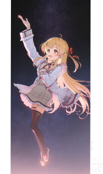 1girl :d absurdres ahoge arm_up artist_name backlighting bass_clef beamed_eighth_notes black_trim blonde_hair blush bow brown_dress brown_sailor_collar brown_shoes brown_thighhighs brown_trim buttons chromatic_aberration commentary dated_commentary dot_nose double-breasted double-parted_bangs dress eighth_note flats floating floating_clothes floating_hair footwear_bow fortissimo frilled_dress frilled_jacket frilled_sleeves frills full_body gold_trim gradient_hair hair_intakes hair_ornament hair_ribbon hand_on_own_chest highres hololive hololive_dev_is jacket legs_together long_hair long_sleeves looking_ahead loose_hair_strand mitoha multicolored_hair musical_note musical_note_hair_ornament musical_staff musical_staff_print neck_ribbon night one_side_up open_mouth orange_hair otonose_kanade otonose_kanade_(1st_costume) piano_print pillarboxed pink_ribbon plaid_clothes plaid_dress raised_eyebrows red_bow red_eyes red_ribbon revision ribbon sailor_collar shirt shoes sidelocks sky smile solo space star_(sky) starry_sky swept_bangs thigh_strap thighhighs twitter_username two-tone_hair underlighting untranslatable_commentary very_long_hair virtual_youtuber white_jacket white_shirt zettai_ryouiki