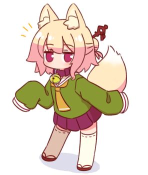 1girl animal_ear_fluff animal_ears bell belt_collar blonde_hair collar flat_chest fox_ears fox_girl fox_tail full_body green_shirt hair_bun hair_ornament hair_stick highres jingle_bell jitome kemomimi-chan_(naga_u) long_sleeves looking_at_viewer miniskirt naga_u neck_bell necktie no_mouth notice_lines orange_necktie original pleated_skirt purple_collar purple_eyes purple_skirt red_shoes ribbon-trimmed_thighhighs ribbon_trim sailor_collar shadow shirt shoes short_hair skirt sleeves_past_fingers sleeves_past_wrists solo standing tail thighhighs white_background white_sailor_collar white_thighhighs