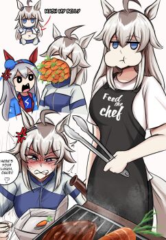 2girls absurdres ahoge angry animal_ears apron beer_bottle belly big_belly black_apron black_pants blood blue_eyes blue_hairband blue_jacket blue_sailor_collar blue_skirt bottle carrot cheek_bulge closed_eyes cooking ear_covers ear_ornament eating english_text fang food glutton grey_hair grey_tail grill grilling hair_between_eyes hair_ornament hairband headband highres holding holding_bottle holding_tongs horse_ears horse_girl horse_tail jacket kasamatsu_tracen_training_uniform lad_der lightning_bolt_symbol long_hair long_sleeves lunchbox multicolored_hair multicolored_jacket multiple_girls navel neckerchief oguri_cap_(starlight_beat)_(umamusume) oguri_cap_(umamusume) open_clothes open_jacket open_mouth pants purple_jacket red_headband sailor_collar sharp_teeth shirt short_sleeves skirt speech_bubble steak stomach striped_clothes striped_hairband surprised tail tamamo_cross_(umamusume) tamamo_cross_(with_lightning_speed)_(umamusume) teeth tongs track_jacket track_suit two-tone_jacket umamusume very_long_hair white_jacket white_shirt