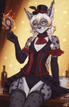 1girl animal_ears animal_nose artist_name black_gloves black_leotard black_thighhighs blonde_hair body_fur braid card closed_mouth colored_tips commentary corset cowboy_shot detached_collar english_commentary flat_chest furry furry_female garter_straps gloves grey_fur hat highres holding holding_card leotard long_hair looking_at_viewer magician multicolored_hair original personal_ami round_eyewear signature sitting solo spotted_fur tail thighhighs top_hat twin_braids two-tone_hair white_hair yellow_eyes