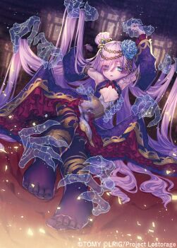 1girl arm_behind_head blue_eyes copyright_notice dress flower hair_bun hair_flower hair_ornament hair_over_one_eye kutori_pan&#039;ya long_hair looking_at_viewer official_art open_mouth pantyhose purple_dress purple_hair purple_pantyhose sima_yi_(wixoss) solo very_long_hair wixoss