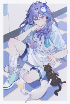 10_io 1boy :3 androgynous animalization antenna_hair apron black_cat blue_shirt blue_shoes blue_streaks border bow bowtie buttons cat checkered_floor collar collared_shirt commentary_request ear_piercing grey_eyes highres hitodama holostars knee_up long_hair looking_at_viewer loose_socks male_focus minase_rio multicolored_hair name_tag on_floor outside_border pawpads person_and_animalization piercing purple_bow purple_bowtie purple_cat purple_hair shadow shirt shoes short_sleeves shorts sitting sneakers socks streaked_hair striped_clothes striped_shorts utsugi_uyu vertical-striped_clothes vertical-striped_shorts virtual_youtuber white_apron white_border white_cat white_socks yatogami_fuma