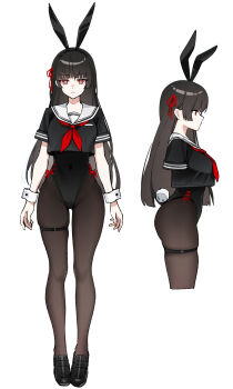 1girl absurdres animal_ears black_hair black_leotard black_shirt chisa_(wuthering_waves) fake_animal_ears foxyreine hair_ribbon highres leotard long_hair pantyhose playboy_bunny rabbit_ears red_eyes red_ribbon ribbon sailor_collar school_uniform shirt solo white_sailor_collar wuthering_waves