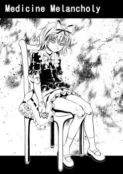 1girl ayana_mizuki chair character_name closed_mouth commentary_request doll_joints expressionless frilled_shirt frilled_skirt frills full_body greyscale hair_ribbon highres joints lolita_fashion looking_down mary_janes medicine_melancholy monochrome ribbon shirt shoes short_hair skirt socks solo touhou