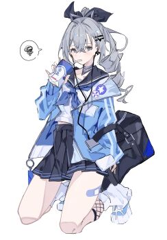1girl absurdres alternate_costume bag black_sailor_collar black_skirt blue_jacket blue_neckerchief blue_shoes closed_mouth cross-laced_footwear crossed_bangs drill_hair drill_ponytail drink_carton drinking drinking_straw fashion fishnet_socks fishnets full_body grey_eyes grey_hair hair_between_eyes highres honkai:_star_rail honkai_(series) jacket kneeling leg_warmers long_hair looking_at_viewer milk_carton neckerchief open_clothes open_jacket ren_(renjiyu) sailor_collar school_bag school_uniform shirt shoes silver_wolf_(honkai:_star_rail) simple_background single_sock skirt socks white_background white_leg_warmers