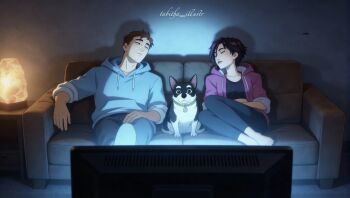 Rule 34 | 1boy, 1girl, barefoot, beef (dispatch), blue hoodie, brown hair, closed eyes, commentary, couch, dark, dispatch, dog, english commentary, hood, hoodie, indoors, invisigal (dispatch), living room, on couch, open clothes, open hoodie, pants, pink hoodie, purple hair, robert robertson, sitting, sleeping, television