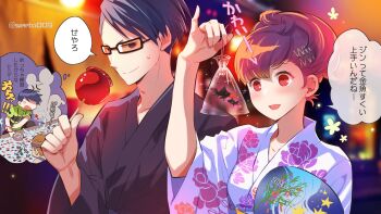 1boy 1girl bag bagged_fish black-framed_eyewear black_kimono blue_hair blurry blurry_background blush breasts brown_hair candy_apple closed_mouth collarbone commentary_request fish floral_print floral_print_kimono flower_symbol food glasses hair_ornament hairclip hand_fan hand_up highres holding holding_candy_apple holding_food image_in_thought_bubble japanese_clothes kimono looking_at_animal looking_at_object medium_breasts open_mouth orange-tinted_eyewear paper_fan persona persona_3 persona_3_portable plastic_bag portrait print_kimono rectangular_eyewear red_eyes shichijyou_melle shiomi_kotone shirato_jin short_hair smile speech_bubble sweatdrop thought_bubble tinted_eyewear translation_request twitter_username uchiwa undercut water white_kimono yukata