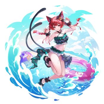 1girl alternate_costume animal_ear_fluff animal_ears ankle_cuffs ball beach bikini black_sandals bow braid cat_ears claw_pose closed_mouth collarbone commentary_request criss-cross_halter frilled_bikini frills game_cg green_bikini hair_bow hair_ornament halterneck innertube kaenbyou_rin long_sleeves multiple_tails nail_polish navel ocean official_art red_eyes red_hair red_nails sandals skull_hair_ornament smile solo stomach swim_ring swimsuit tail third-party_source toenail_polish toenails touhou touhou_gensou_eclipse transparent_background twin_braids two_tails u_u_zan water wet wrist_cuffs