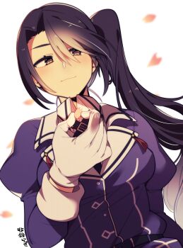 Rule 34 | 1girl, black hair, blush, breasts, brown eyes, cherry blossoms, closed mouth, commentary request, gloves, gradient hair, grey hair, hair between eyes, higaragi, highres, holding, holding petal, jacket, kantai collection, long hair, long sleeves, looking at viewer, multicolored hair, nachi (kancolle), nachi kai ni (kancolle), petals, purple jacket, side ponytail, simple background, solo, upper body, very long hair, white background, white gloves