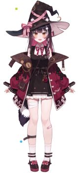 1girl :d bandaged_leg bandages bandaid bandaid_on_leg black_dress black_hair blush bow braid brooch brown_bag brown_eyes brown_footwear center-flap_bangs circle collared_dress colored_inner_hair compass crescent_moon dress footwear_bow frilled_dress frills full_body hair_between_eyes haneiro hat highres jacket jewelry leg_belt long_sleeves moon multicolored_hair official_art open_clothes open_jacket open_mouth pink_bow pink_hair pixellink pocket_watch potion puffy_long_sleeves puffy_sleeves raki_kazuki red_jacket smile socks solo square standing streaked_hair tail transparent_background virtual_youtuber watch white_socks witch_hat