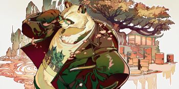 1boy adjusting_eyewear animal_ears architecture arknights arknights:_endfield artist_request black_fur black_jacket claws da_pan_(arknights) east_asian_architecture furry furry_male hand_in_pocket hand_on_eyewear highres jacket leather leather_jacket male_focus mountain multicolored_fur panda_boy panda_ears smile sunglasses tree water waterfall white_fur wok