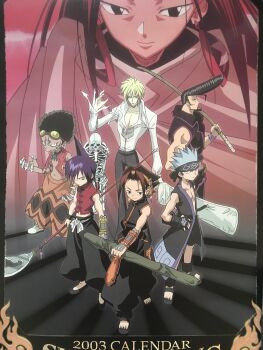 00s 2003 6+boys asakura_hao asakura_yoh asakura_yoh bare_shoulders blonde_hair blue_hair brothers brown_eyes brown_hair calendar chain chinese_clothes chocolove_mcdonell claws dark_skin eliza_(shaman_king) evil_grin evil_smile gloves grin highres johann_faust_viii long_hair male_focus multiple_boys muscular official_art scan serious shaman_king short_hair siblings skeleton smile standing sword tao_ren tattoo team teamwork umemiya_ryuunosuke usui_horokeu very_long_hair weapon yellow_eyes