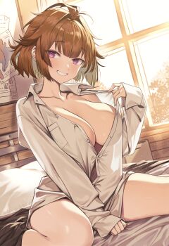 1girl absurdres blush breasts brown_hair cleavage collared_shirt fumato girls&#039;_frontline grin grizzly_mkv_(girls&#039;_frontline) highres large_breasts long_sleeves looking_at_viewer purple_eyes shirt short_hair smile solo thighs white_shirt
