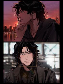 1boy absurdres backlighting bikoyaki black_border black_hair black_hoodie black_jacket black_shirt blurry blurry_background bokeh border brown_eyes city_lights closed_mouth collarbone_peek contemporary covered_pectorals curtained_hair depth_of_field earphones hand_on_own_chin head_rest head_tilt highres hood hoodie jacket leather leather_jacket light_particles light_reflection_(water) looking_at_viewer luo_binghe male_focus multiple_views parted_bangs pectorals portrait renzha_fanpai_zijiu_xitong shirt short_hair skyline sunset thick_eyebrows viewfinder