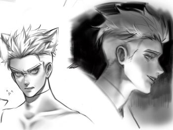 1boy animal_ears cat_boy cat_ears commentary covered_collarbone english_commentary greyscale highres kemonomimi_mode kookirani male_focus millions_knives monochrome multiple_views parted_lips profile shirt short_hair smile trigun trigun_stampede unfinished white_background