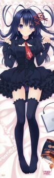 1girl absurdres black_thighhighs blue_hair breasts chips_(food) cleavage clothes_lift computer dakimakura_(medium) dress dress_lift female_focus food full_body hair_intakes hair_ornament hairclip highres huge_filesize laptop legs necktie ookura_risona otome_riron_to_sono_shuuhen:_ecole_de_paris panties pillow potato_chips purple_eyes purple_panties solo suzuhira_hiro thighhighs underwear