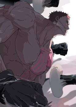 1boy arm_tattoo artist_request attack black_gloves charlotte_katakuri chest_tattoo clenched_hands devil_fruit_power extra_hands gloves highres male_focus manly muscular official_art one_piece purple_hair scar scar_on_face scar_on_mouth serious sharp_teeth short_hair simple_background solo stitched_mouth stitches tattoo teeth upper_body v-shaped_eyebrows