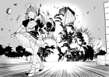 1girl ahoge braid breasts cleavage closed_eyes dress explosion frilled_dress frills greyscale highres hololive long_hair maid_headdress minato_aqua minato_aqua_(1st_costume) minecraft monochrome ressanpanda smile twin_braids twintails virtual_youtuber walking_away wrist_cuffs