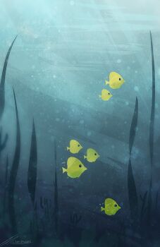 air_bubble artist_name bubble day fish no_humans original scenery school_of_fish seaweed signature still_life subsurface_scattering underwater yellow_tang zandra