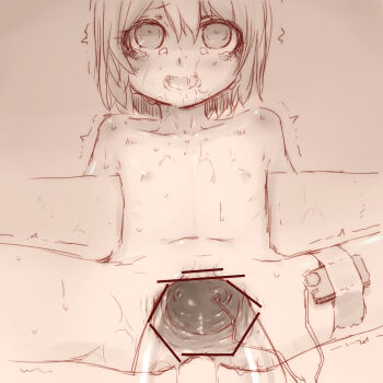 1girl ahashi arms_behind_back bar_censor censored deep_insertion egg_vibrator fallopian_tube_insertion female_focus flat_chest gaping highres loli nude object_insertion restrained saliva sex_toy sketch solo spread_legs stomach_bulge sweat trembling uterus vibrator