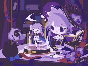 1girl artist_name book book_stack bookshelf brown_hair cat character_doll chibi closed_mouth cobalta dancing detached_sleeves dice display_case doll dress flat_chest flower hair_between_eyes hat hat_flower herta_(honkai:_star_rail) herta_(puppet)_(honkai:_star_rail) herta_(simulated_universe_avatar)_(honkai:_star_rail) honkai:_star_rail honkai_(series) jewelry key key_necklace large_hat light_smile lock lock_necklace long_hair looking_at_object multiple_views necklace open_book purple_dress purple_hat reading the_herta_(honkai:_star_rail) witch_hat