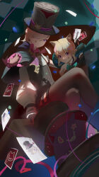 Rule 34 | 1boy, 1girl, :/, :|, absurdres, animal ear fluff, animal ears, aqua bow, arm support, back bow, black cape, black gloves, black hat, black leotard, blonde hair, bow, bowtie, box, brown thighhighs, cape, card, cat ears, cat girl, closed mouth, collared shirt, confetti, crossed legs, floating, frilled leotard, frills, genshin impact, gloves, hair over one eye, hat, highres, holding, holding card, hood, hood down, hooded cape, leotard, long sleeves, looking at viewer, lynette (genshin impact), lyney (genshin impact), outstretched arm, playing card, puffy long sleeves, puffy sleeves, purple eyes, qixia, red bow, red bowtie, shirt, short hair, sidelocks, single hair intake, sitting, sitting on box, swept bangs, tareme, teardrop facial mark, thighhighs, top hat, two-tone gloves, white gloves, white shirt