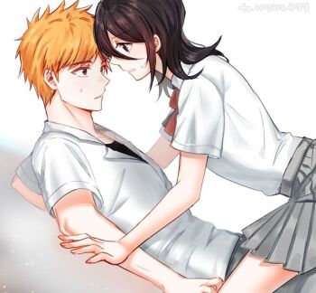 1boy 1girl all_fours awkward black_hair bleach bow bowtie brown_eyes collared_shirt dress_shirt dutch_angle eye_contact face-to-face from_side g_ieep girl_on_top grey_skirt hetero karakura_high_school_uniform kuchiki_rukia kurosaki_ichigo looking_at_another lying medium_hair miniskirt on_back orange_hair parted_lips pleated_skirt profile red_bow red_bowtie school_uniform shirt short_hair short_sleeves simple_background skirt spiked_hair sweatdrop upturned_eyes white_background white_shirt