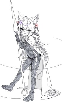 1girl animal_ears bodysuit boots cloak cosplay fox_ears fox_girl fox_tail full_body gloves hair_ornament highres hollow_knight hollow_knight:_silksong hornet_(hollow_knight) hornet_(hollow_knight)_(cosplay) latex latex_bodysuit leeleo_25 long_hair long_sleeves looking_at_viewer needle_(hollow_knight) pom_pom_(clothes) pom_pom_hair_ornament sketch smile spot_color stellive tail tenko_shibuki thread very_long_hair weapon