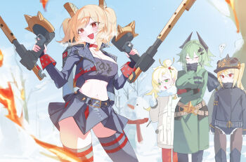 4girls absurdres belt black_jacket black_skirt black_thighhighs blonde_hair breasts burnice_white caesar_king_(zenless_zone_zero) cleavage_cutout clothing_cutout coat flamethrower giving_up_the_ghost green_eyes green_hair hamuchu heavy_breathing highres jacket large_breasts luciana_de_montefio medium_hair multiple_girls navel open_clothes open_jacket open_mouth piper_wheel pleated_skirt red_eyes short_hair skirt snow snowman strapless thighhighs tube_top weapon zenless_zone_zero