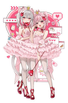 ... 2girls animal_ear_fluff animal_ears blush breasts cleavage commentary_request crown detached_collar dress frilled_dress frills full_body grey_hair hair_intakes heart heart_wand high_heels highres indie_virtual_youtuber looking_at_viewer mini_crown multiple_girls nail_polish natsume_eri natsume_eri_(vtuber) neck_ribbon pantyhose pink_dress pink_hair pink_headdress pixelated rainbow red_eyes red_nails red_ribbon red_shoes ribbon shoes small_breasts spoken_ellipsis spoken_heart strapless strapless_dress tomari_mari virtual_youtuber white_pantyhose window_(computing)