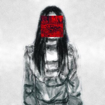 1girl artist_name black_hair covered_face dress film_grain frilled_dress frills ghost ghost_girl greyscale highres horror_(theme) long_hair monochrome red_theme signature spot_color static the_ring twitter_username upper_body virtuware well white_dress yamamura_sadako