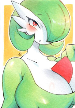 1girl :o arm_at_side artist_name blush bob_cut border breasts closed_mouth collarbone colored_skin covered_erect_nipples female_focus gardevoir gen_3_pokemon green_hair green_skin hair_over_one_eye hand_up huge_breasts looking_at_viewer mature_female multicolored_skin nintendo one_eye_covered open_mouth outline outside_border pokemon pokemon_(creature) red_eyes short_hair signature simple_background solo traditional_media two-tone_skin uka_(pixiv_92629239) upper_body white_border white_outline white_skin yellow_background