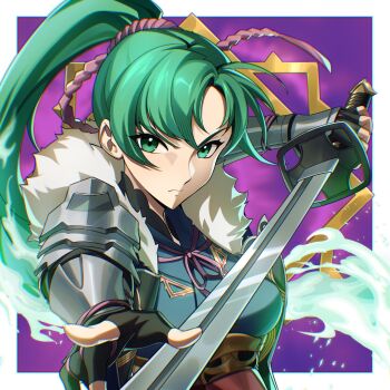 1girl alternate_costume armor bikini_boody black_gloves blue_dress breasts closed_mouth dress fingerless_gloves fire_emblem fire_emblem:_the_blazing_blade fire_emblem_awakening fur_trim gloves green_eyes green_hair hair_ornament high_ponytail highres holding holding_sword holding_weapon long_hair looking_at_viewer lyn_(fire_emblem) medium_breasts nintendo official_alternate_costume ponytail solo sword upper_body very_long_hair weapon