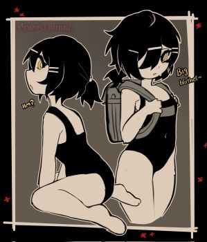 1girl artist_name backpack bag bare_legs between_legs black_border black_hair black_one-piece_swimsuit border breasts bright_pupils child corpsebunnei corrupted_twitter_file covered_navel cowboy_shot english_text from_side full_body grey_background grey_bag hair_ornament hair_over_one_eye hairclip hand_between_own_legs hands_up highres kimi_(corpsebunnei) loli looking_at_viewer looking_to_the_side medium_hair messy_hair multiple_views one-piece_swimsuit one_side_up original outline outside_border parallel_hairclips sitting small_breasts standing swimsuit the_coffin_of_andy_and_leyley wariza watermark white_outline white_pupils yellow_eyes
