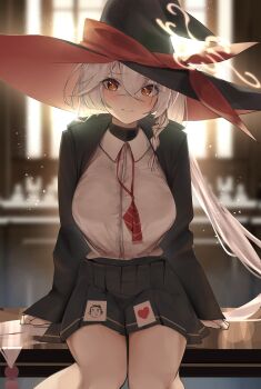 1girl absurdres blue_archive blush bow bowtie braid card doodle_sensei_(blue_archive) eri_(blue_archive) halo hat heart heart_print highres jacket koutannkoburia long_coat long_hair looking_at_viewer loose_necktie necktie orange_eyes sensei_(blue_archive) shirt sitting sitting_on_table skirt solo sunlight sweater thighs white_hair window witch_hat