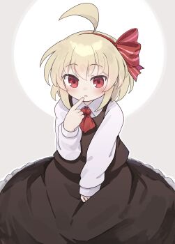 Rule 34 | 1girl, ahoge, ascot, black skirt, black vest, blonde hair, blush, collared shirt, commentary request, hair ribbon, highres, huge ahoge, kibisake, long sleeves, open mouth, red ascot, red eyes, red ribbon, ribbon, rumia, shirt, short hair, simple background, skirt, solo, touhou, vest, white background, white shirt