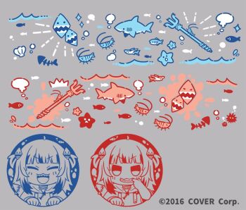 2girls :3 commentary_request company_name copyright_notice ebi-chan_(gawr_gura) fish fish_skeleton gawr_gura gawr_gura_(1st_costume) hair_ornament hololive hololive_english multiple_girls official_art open_mouth polearm reflect_(gawr_gura) same_anko shark shark_hair_ornament sharp_teeth sparkle starfish teeth tongue trident two_side_up virtual_youtuber weapon