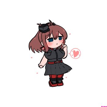 1girl black_dress blue_eyes breast_pocket brown_hair chibi dress full_body heart highres kantai_collection pocket ponytail radical_bullet red_thighhighs saratoga_(kancolle) saratoga_kai_(kancolle) simple_background smokestack_hair_ornament solo spoken_heart standing thighhighs white_background