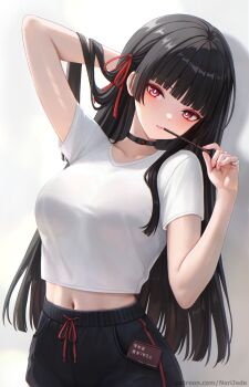 1girl alternate_costume arm_up black_choker black_hair black_shorts breasts bright_pupils chisa_(wuthering_waves) choker collarbone commentary english_commentary fingernails food hair_ribbon highres hime_cut holding holding_food holding_pocky large_breasts long_hair looking_at_viewer midriff mole mole_under_eye nail_polish narijade navel paid_reward_available parted_lips patreon_username pink_nails pocky red_eyes red_ribbon ribbon shirt short_sleeves shorts solo watermark web_address white_pupils white_shirt wuthering_waves